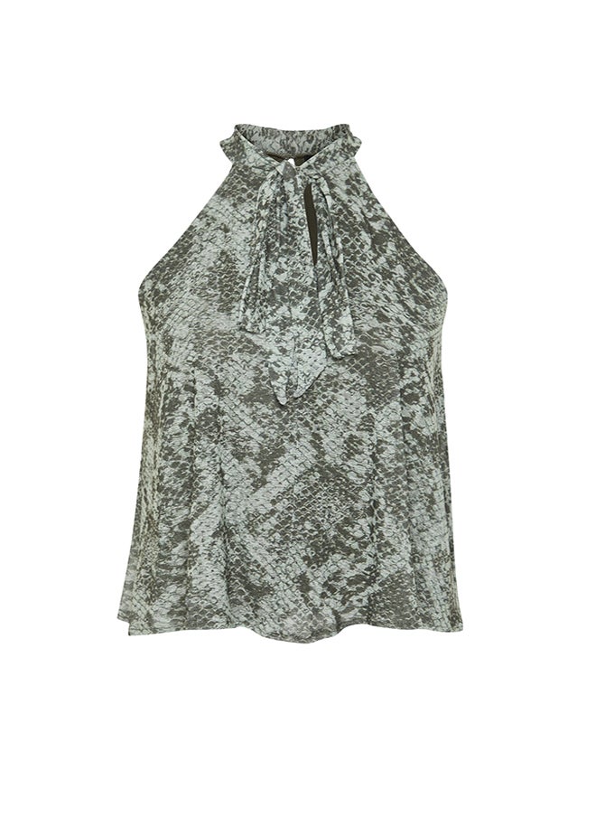 trendyol - Khaki Animal/Snake Printed Special Textured Stretchy Knitted Blouse with Tie Detail TWOSS24BZ00491 - Image 1