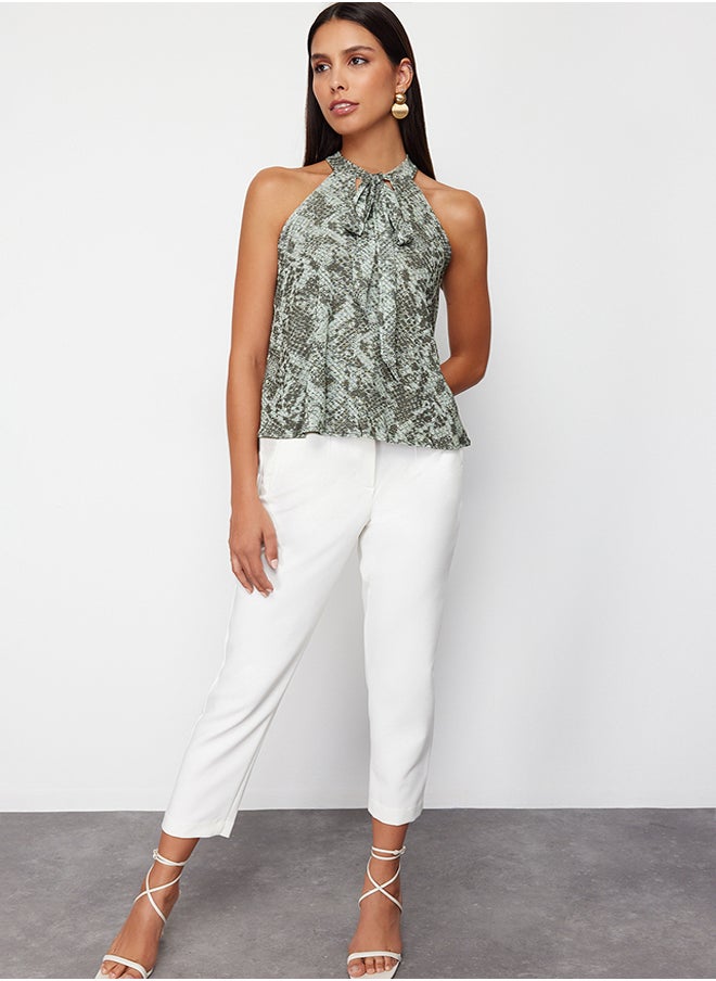 trendyol - Khaki Animal/Snake Printed Special Textured Stretchy Knitted Blouse with Tie Detail TWOSS24BZ00491 - Image 1