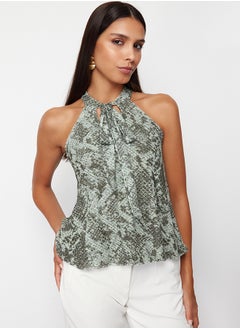 Khaki Animal/Snake Printed Special Textured Stretchy Knitted Blouse with Tie Detail TWOSS24BZ00491