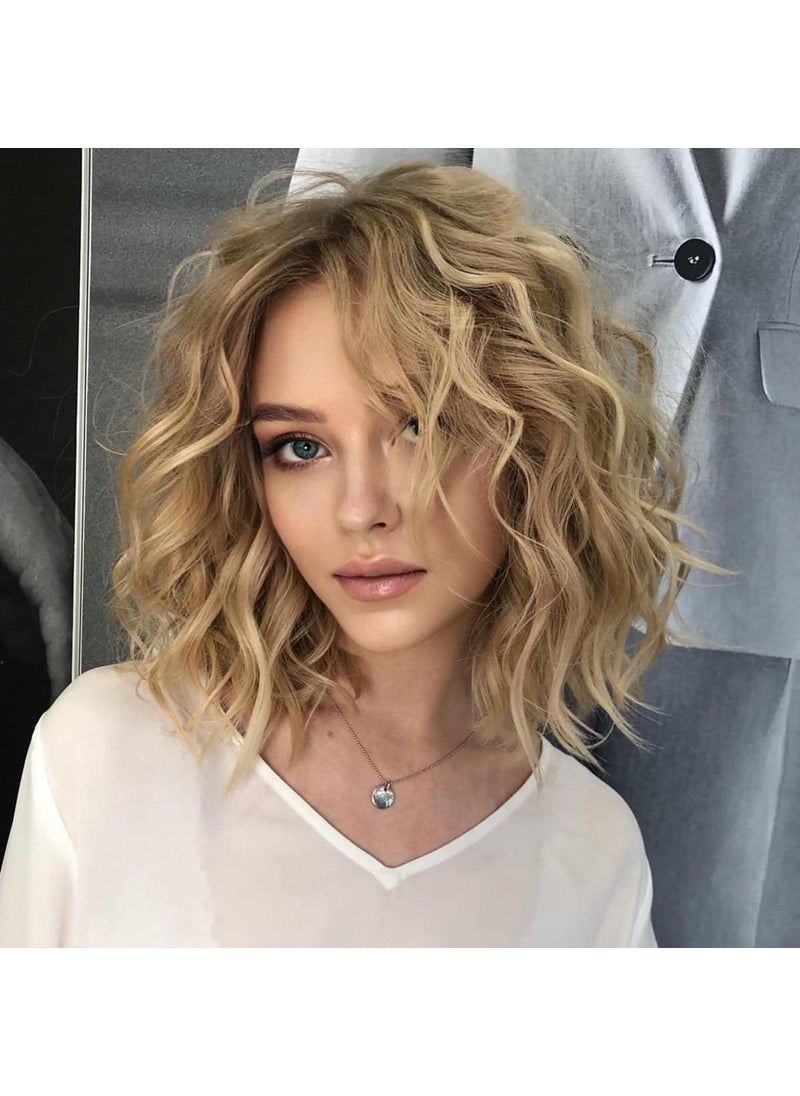 RENERSHOW - RENERSHOW Layered Short Ombre Blonde Wavy Bob Wigs for Women Midlength Blonde Curly Wig Synthetic Natural Looking Daily Party Wig - Image 1