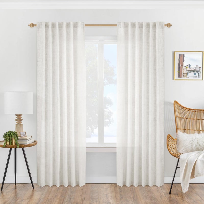 MEETBILY 94 Inch Linen Sheer Curtains 2 Panels Set Rod Pocket Back Tab Linen Window Privacy Decorative Curtain Drapes for Living Room Bedroom 50x94 in Long Ivory(Cream/Off White) - Image 1