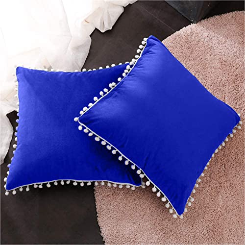 CottonFry Set of 2 Cushion Covers/Throw Pillow Covers Size 24"X24" Inches with Pom Poms, Soft Square Velvet Pillowcases Home Decor (Royal Blue, Pack of 2) - Image 2