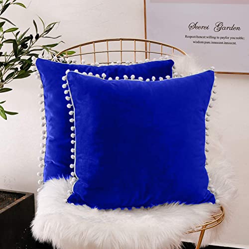 CottonFry Set of 2 Cushion Covers/Throw Pillow Covers Size 24"X24" Inches with Pom Poms, Soft Square Velvet Pillowcases Home Decor (Royal Blue, Pack of 2) - Image 1