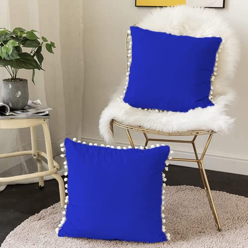 CottonFry Set of 2 Cushion Covers/Throw Pillow Covers Size 24"X24" Inches with Pom Poms, Soft Square Velvet Pillowcases Home Decor (Royal Blue, Pack of 2) - Image 3