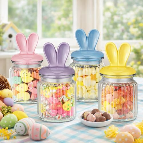 Nitial Easter Decorations- 4 Pcs Large Easter Glass Jars with Ceramic Bunny Ear Lid-rabbits Cookie Jars 7.8 oz Pastel Glass Food Storage for Chocolate Candy Sweets Gift Mini Eggs Table Decoration - Image 1