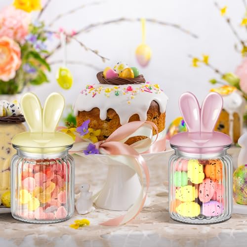 Nitial Easter Decorations- 4 Pcs Large Easter Glass Jars with Ceramic Bunny Ear Lid-rabbits Cookie Jars 7.8 oz Pastel Glass Food Storage for Chocolate Candy Sweets Gift Mini Eggs Table Decoration - Image 5