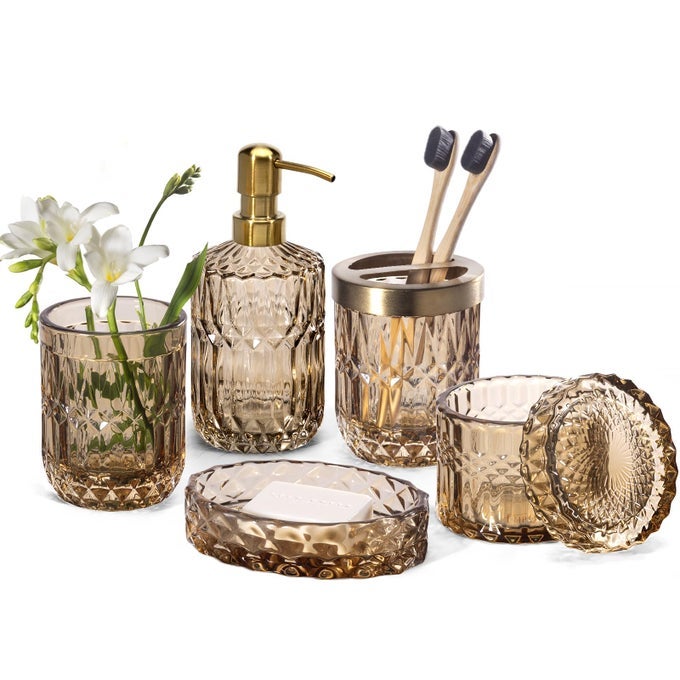6PCS BATHROOM CLEAR GLASS ACCESSORIES SET LOTION SOAP DISPENSER SOAP DISH TOOTHBRUSH HOLDER TUMBLER COTTON SWAB JAR CONTRARY MODERN DECOR CRYSTAL VINTAGE GIFT 6PCS BROWN