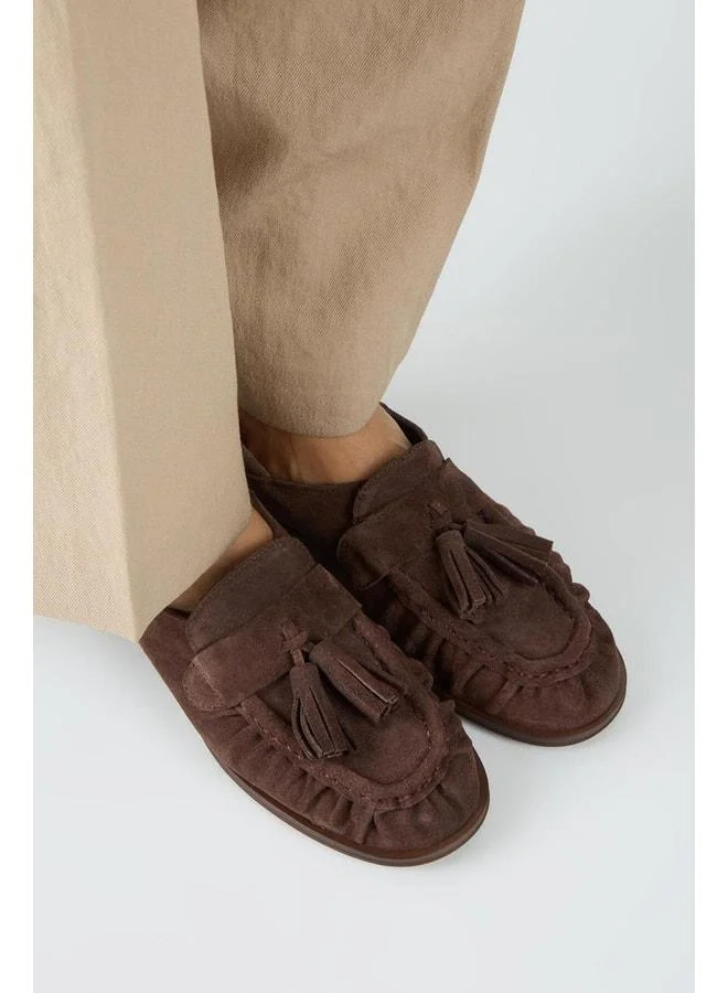Mayra Women's Genuine Leather Pleated Tassel Loafer Coffee Shoes.
