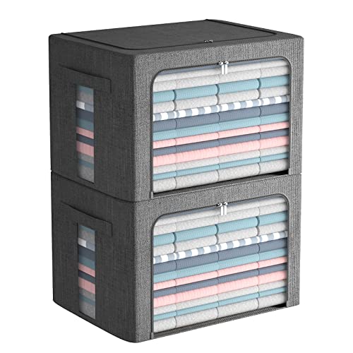 FHSQX 2 Pack Clear Window Storage Bins Large Foldable Fabric Storage Bins Boxes for Clothes Stackable Organizer Set with Carrying Handles19.7X 15.7X 12.6 Inches - Image 1