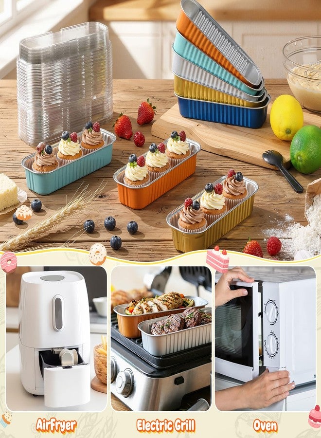 Blushtier 150 Pcs Mini Loaf Pans with Lids and Spoons 6.8 oz Rectangular Aluminum Foil Baking Pans Mini Tins Containers for Bread Cake Desserts(Bright Colors) - Image 3