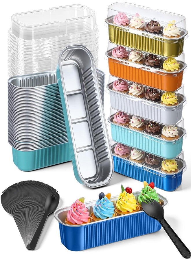 Blushtier 150 Pcs Mini Loaf Pans with Lids and Spoons 6.8 oz Rectangular Aluminum Foil Baking Pans Mini Tins Containers for Bread Cake Desserts(Bright Colors) - Image 1