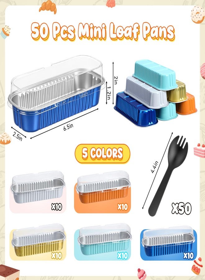Blushtier 150 Pcs Mini Loaf Pans with Lids and Spoons 6.8 oz Rectangular Aluminum Foil Baking Pans Mini Tins Containers for Bread Cake Desserts(Bright Colors) - Image 2