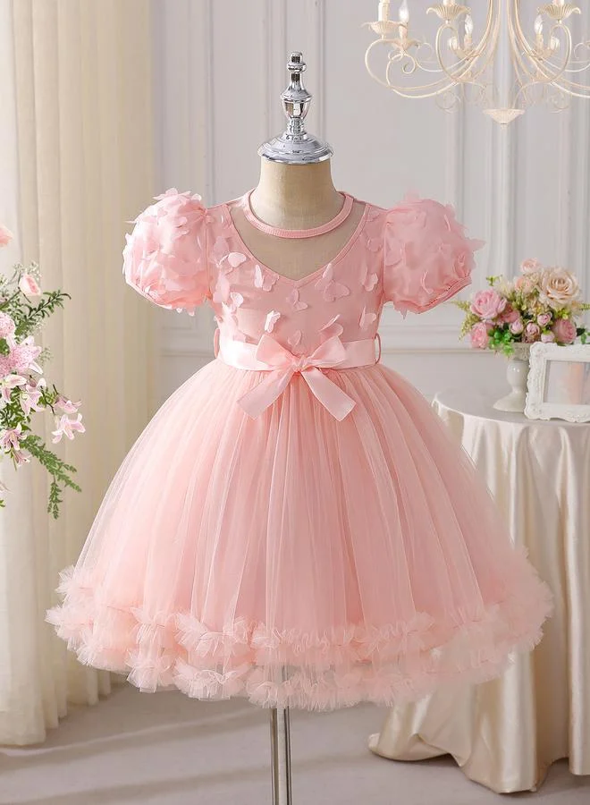 Take Two Pink Butterfly Puff Sleeve Mesh Dress