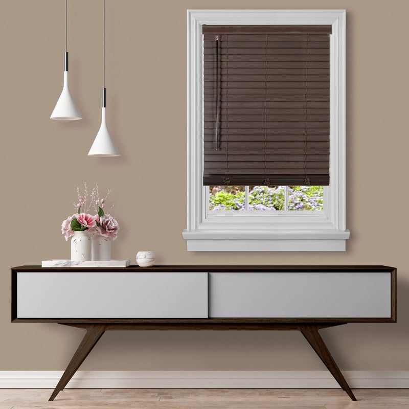 Cordless Room Darkening Plantation Blind 32 Inch Width 64 Inch Length 2 Vinyl Slat Size Mahogany GII Madera Falsa Faux Wood Light Filtering Horizontal Windows Blinds by Achim Home Decor