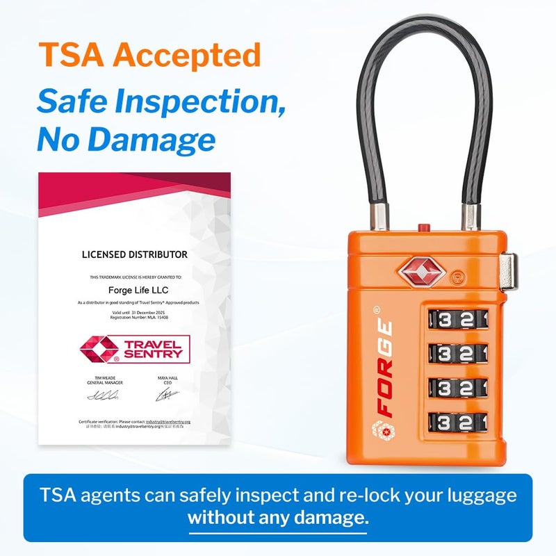 أقفال أمتعة Forge معتمدة من TSA – أقفال سفر TSA برمز مكوّن من 4 أرقام مع TSA008، ومؤشر تنبيه عند الفتح، وهيكل من سبيكة الزنك للأمتعة وحقيبة السفر وحقيبة الظهر وغير ذلك، أسود 2 PK، أقفال كابل - Image 2