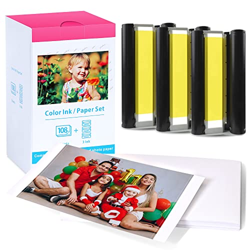 Wonfoucs Compatible with Canon Selphy CP1500 CP1300 Ink and Paper, 4x6 Inch KP-108IN KP108 for Selphy CP1500 CP1300 CP1200 CP1000 CP910 CP900 CP810, 100mm x148 mm (3 Ink +108 Sheets Photo Paper) - Image 1