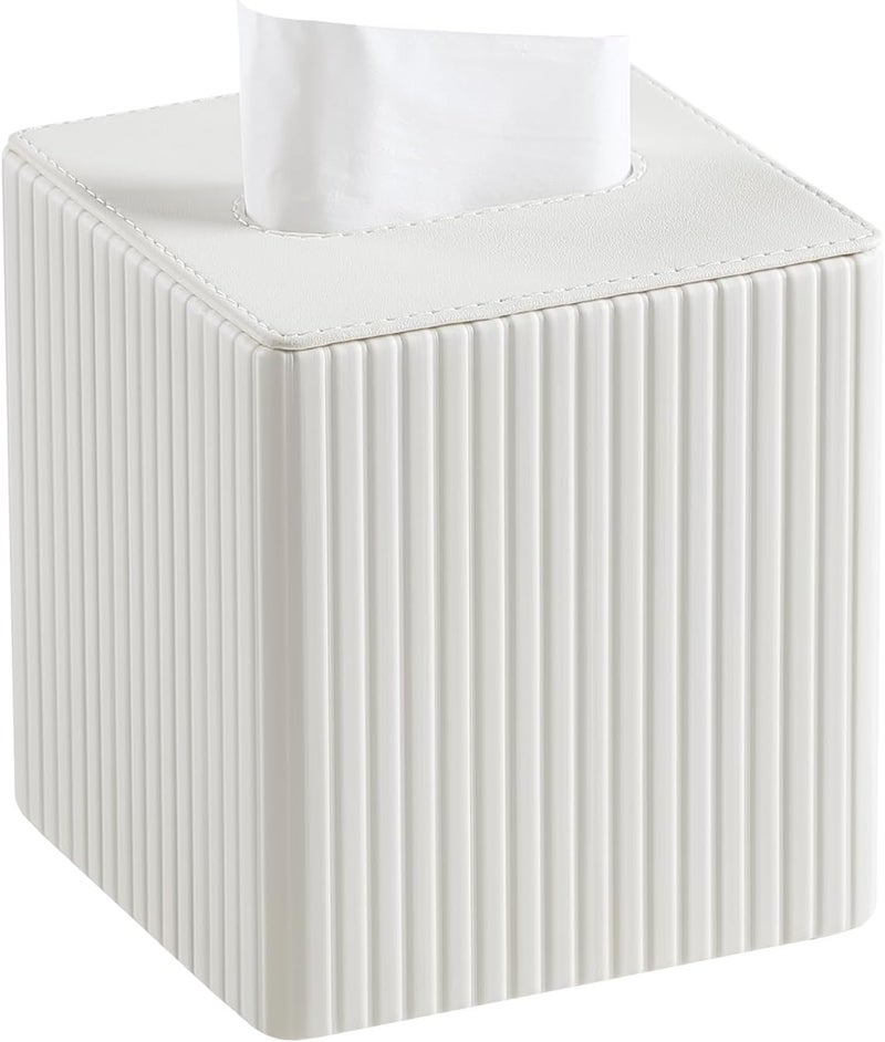 MEIBOOCH PU Leather Tissue Box Cover Square Tissue Box Holder with Magnetic Closure (Ivory Stripe) - Image 1