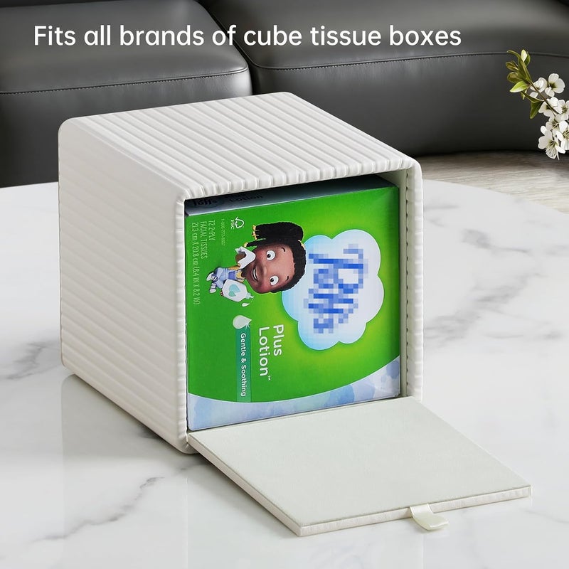 MEIBOOCH PU Leather Tissue Box Cover Square Tissue Box Holder with Magnetic Closure (Ivory Stripe) - Image 3