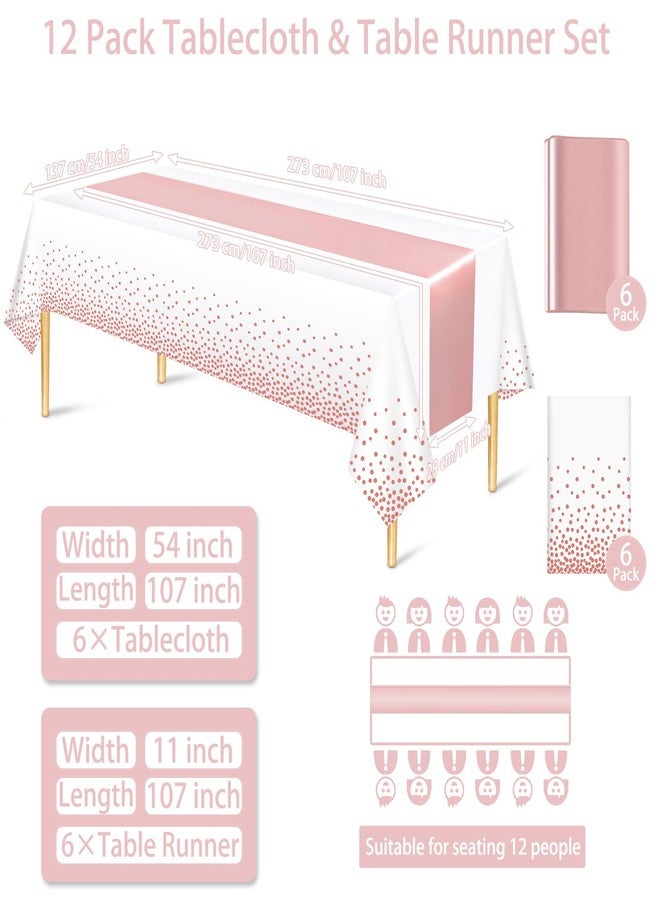Barafat 12 Pack Rose Gold Tablecloth and Table Runner Set, Disposable Tablecloth, White & Rose Gold Dot Tablecloth Pink Satin Table Runner for Wedding Birthday Anniversary Party Decorations - Image 2