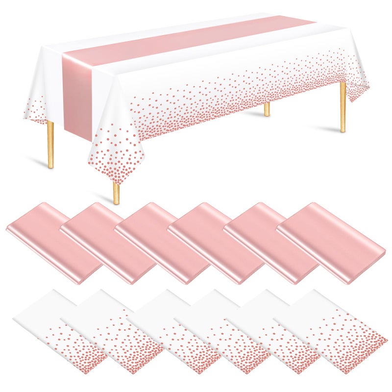 Barafat 12 Pack Rose Gold Tablecloth and Table Runner Set, Disposable Tablecloth, White & Rose Gold Dot Tablecloth Pink Satin Table Runner for Wedding Birthday Anniversary Party Decorations - Image 1