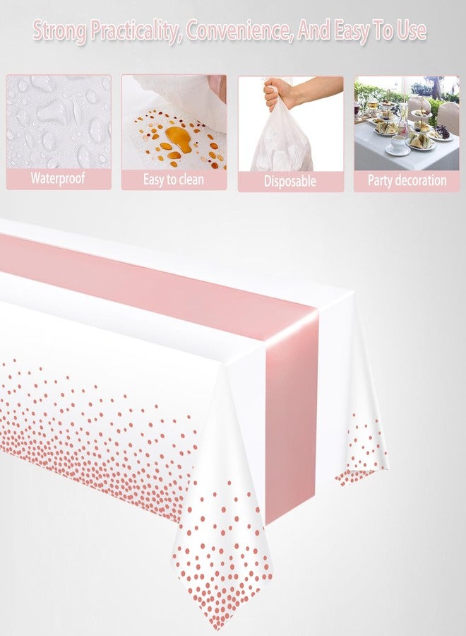 Barafat 12 Pack Rose Gold Tablecloth and Table Runner Set, Disposable Tablecloth, White & Rose Gold Dot Tablecloth Pink Satin Table Runner for Wedding Birthday Anniversary Party Decorations - Image 4