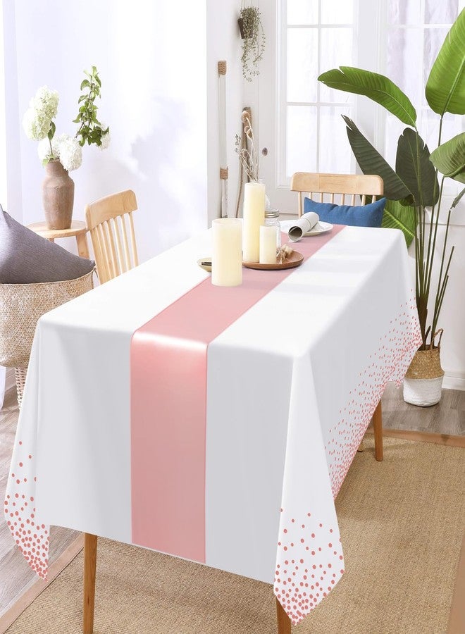 Barafat 12 Pack Rose Gold Tablecloth and Table Runner Set, Disposable Tablecloth, White & Rose Gold Dot Tablecloth Pink Satin Table Runner for Wedding Birthday Anniversary Party Decorations - Image 5