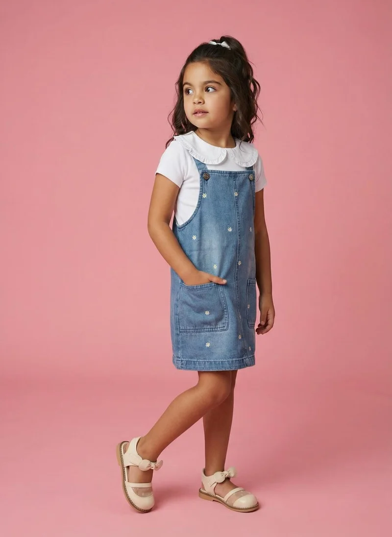Nautinati Nautinati Girls Floral Embroidered Pure Cotton Pinafore with T-shirt Co-ord Set