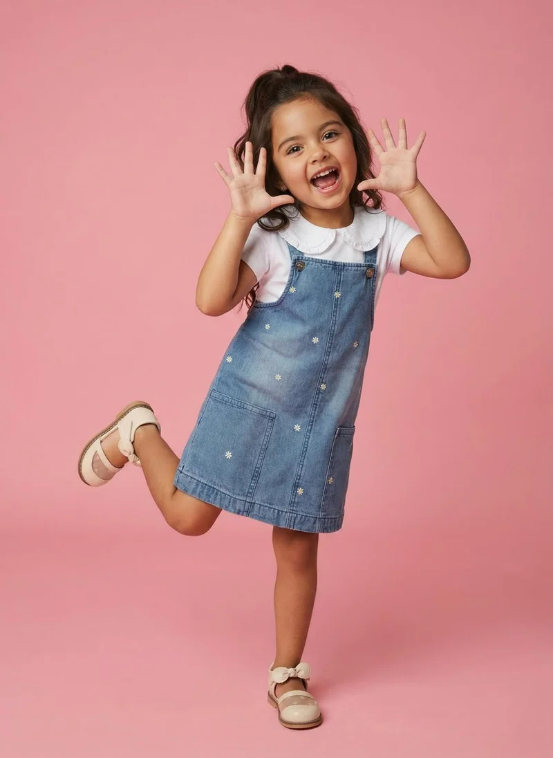 Nautinati Nautinati Girls Floral Embroidered Pure Cotton Pinafore with T-shirt Co-ord Set