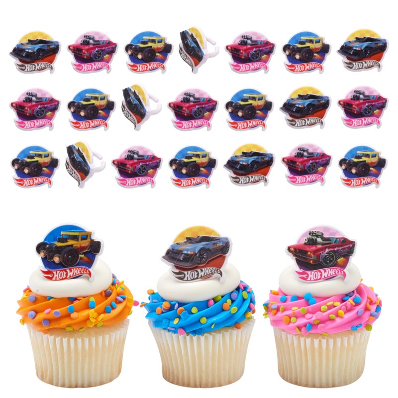 DecoPac Hot Wheels Rings | 24 Epic Stunt Cupcake Toppers | DecoPac Hot Wheels Cars Cake Decorations  Multi-colored  Food Safe & Ready To Use - 24 Pack - Image 1