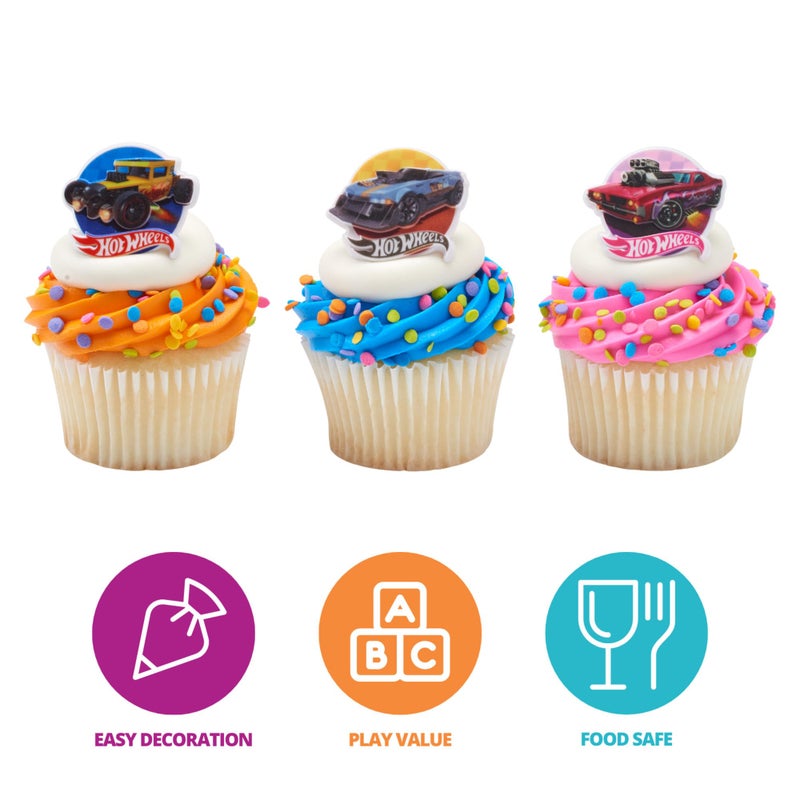 DecoPac Hot Wheels Rings | 24 Epic Stunt Cupcake Toppers | DecoPac Hot Wheels Cars Cake Decorations  Multi-colored  Food Safe & Ready To Use - 24 Pack - Image 2