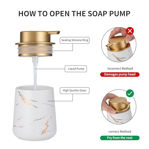 Enra Ceramic Gold Soap Dispenser,12 oz Marble Hand Liquid Soap Dispenser for Bathroom Kitchen Dispenser for Dish Soap with Easy-to-Press(Gold Liquid Type2) - Image 3