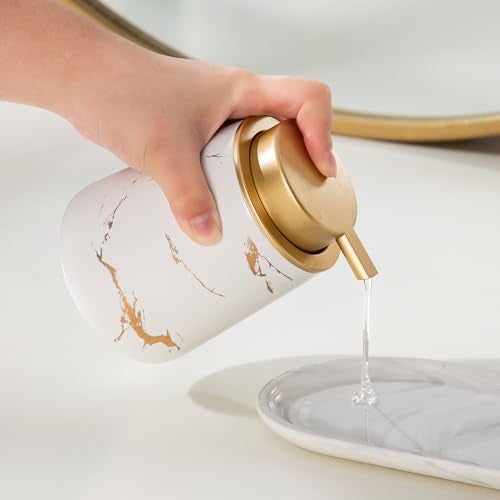 Enra Ceramic Gold Soap Dispenser,12 oz Marble Hand Liquid Soap Dispenser for Bathroom Kitchen Dispenser for Dish Soap with Easy-to-Press(Gold Liquid Type2) - Image 5