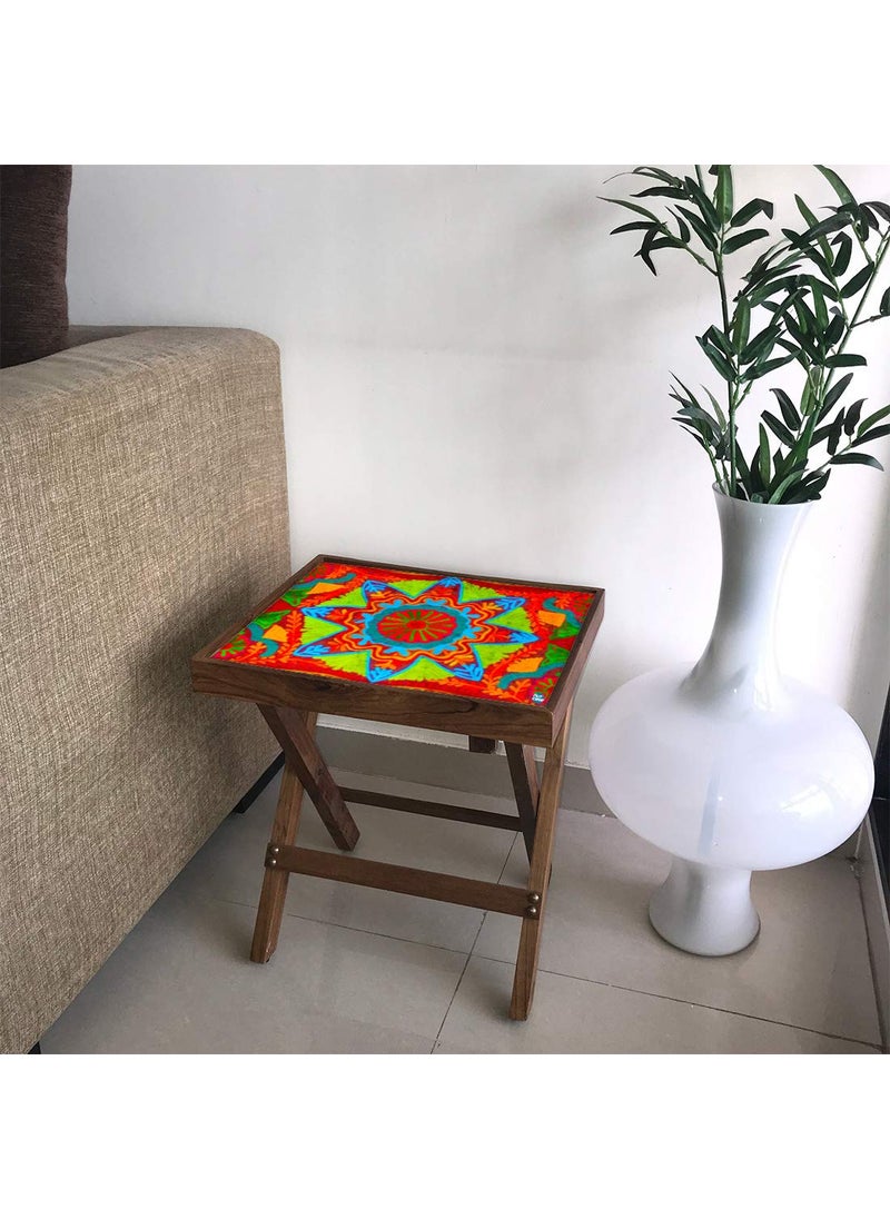 Nutcase Nutcase Designer Teak Wood Side Table Folding Wooden Bedside Coffee Outdoor Picnic Table Indian Flower  - Image 1