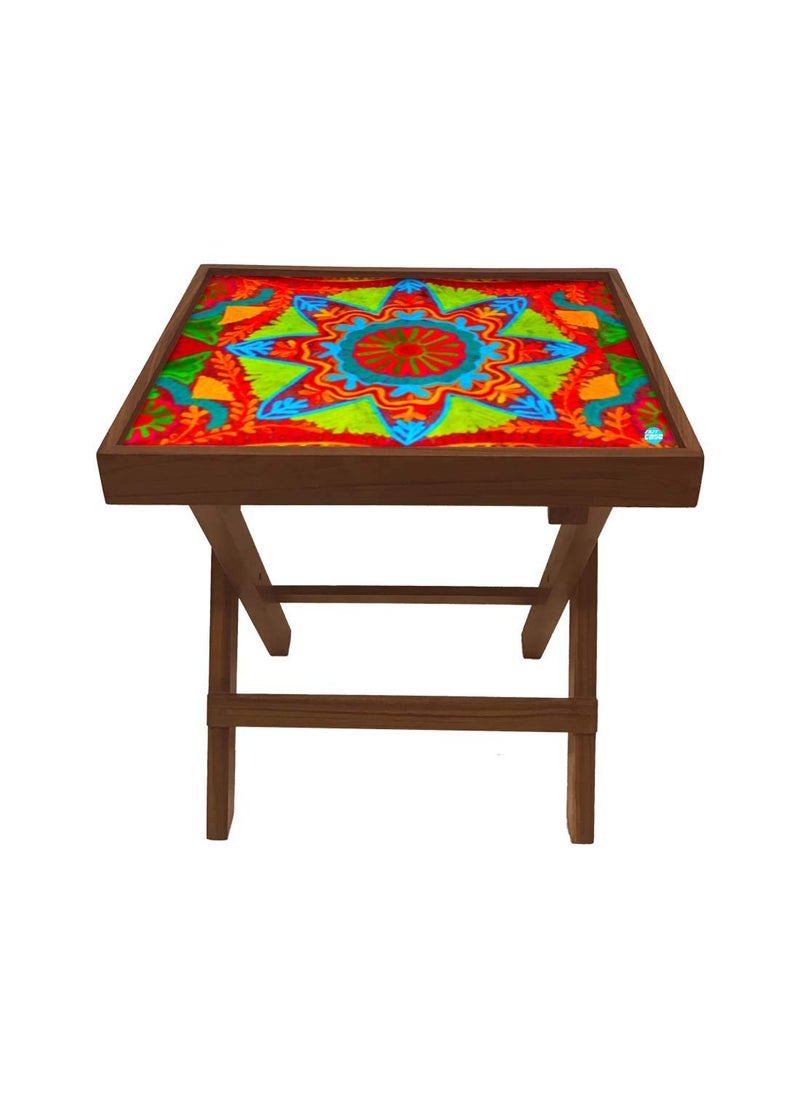 Nutcase Nutcase Designer Teak Wood Side Table Folding Wooden Bedside Coffee Outdoor Picnic Table Indian Flower  - Image 4