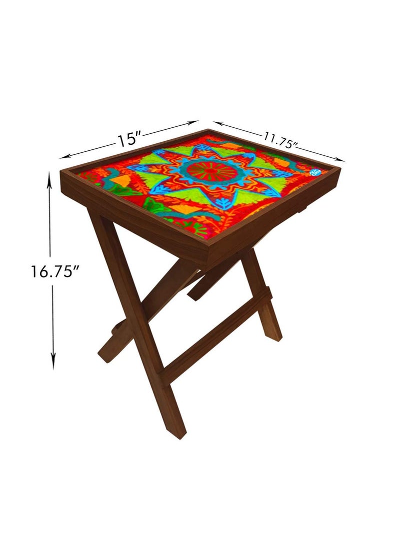 Nutcase Nutcase Designer Teak Wood Side Table Folding Wooden Bedside Coffee Outdoor Picnic Table Indian Flower  - Image 2