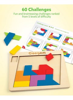 Coogam Wooden Puzzle Blocks Geometric Tangram Brain Teasers Jigsaw 3D Logic Iq Game Colorful Shape Pattern Montessori Stem Educational Toys Gift 60 Challenges For All Ages  - Image 5
