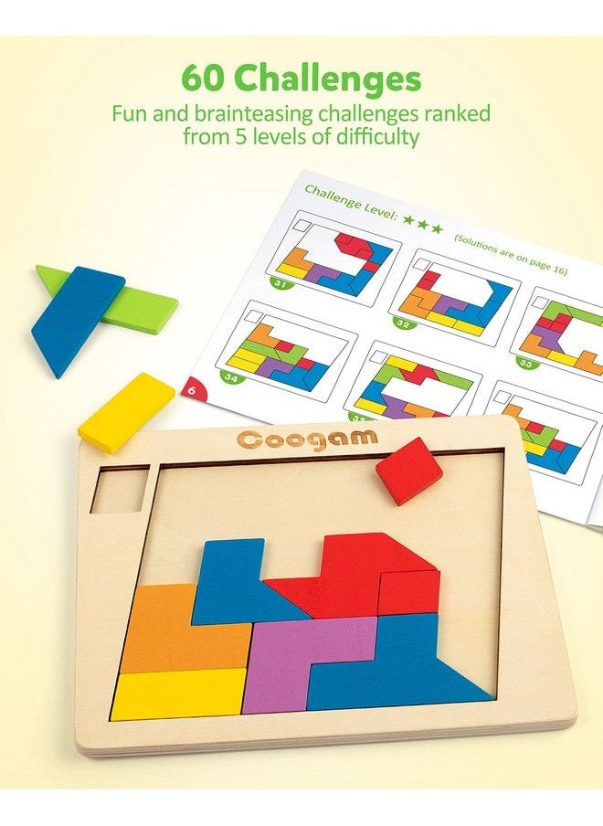 Coogam - Wooden Puzzle Blocks Geometric Tangram Brain Teasers Jigsaw 3D Logic Iq Game Colorful Shape Pattern Montessori Stem Educational Toys Gift 60 Challenges For All Ages - Image 1