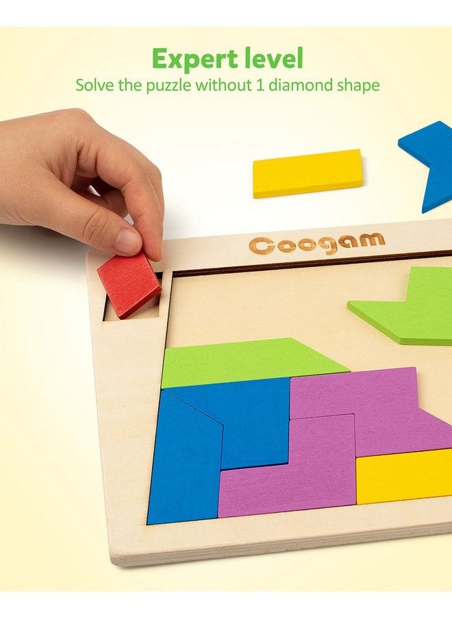 Coogam - Wooden Puzzle Blocks Geometric Tangram Brain Teasers Jigsaw 3D Logic Iq Game Colorful Shape Pattern Montessori Stem Educational Toys Gift 60 Challenges For All Ages - Image 1