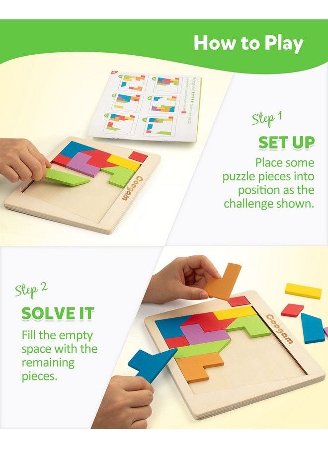Coogam - Wooden Puzzle Blocks Geometric Tangram Brain Teasers Jigsaw 3D Logic Iq Game Colorful Shape Pattern Montessori Stem Educational Toys Gift 60 Challenges For All Ages - Image 1