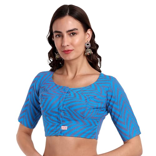 JISB Women's High Neck Cotton Self Design Saree Blouse (40, Blue) - Image 1