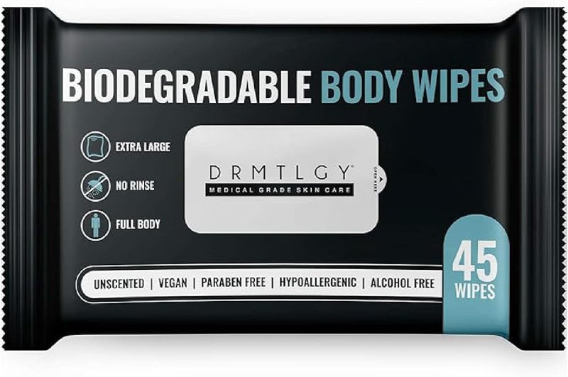 DRMTLGY Biodegradable Body Wipes - Extra Large No Rinse Cleansing Wipes for Camping, Sports, and Travel - 45 Count - Image 1