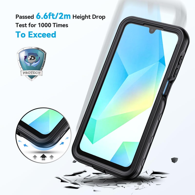 Lanhiem for Samsung Galaxy A16 5G Phone Case, IP68 Waterproof Dustproof, Built-in Screen Protector, Rugged Full Body Shockproof Protective Cover for Samsung A16 5G / 4G 6.7", Black/Clear - Image 4