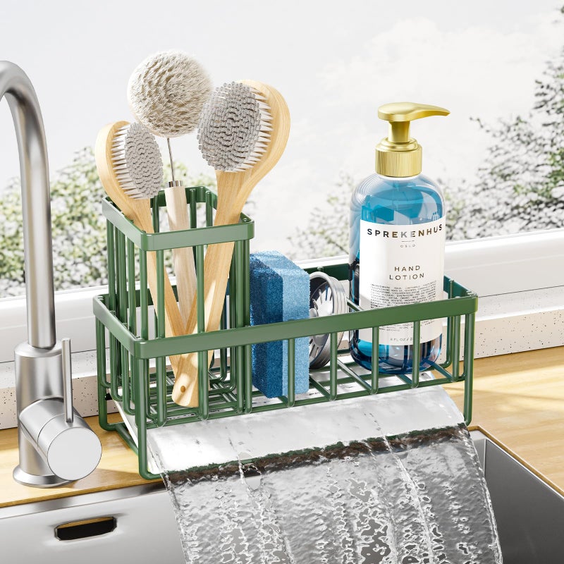 Kitsure Sponge Holder for Kitchen Sink - Rustproof Stainless Steel Sink Caddy Organization and Storage Essentials with High Brush Holder, Home Decor Accessories, 7.9" x 3.7" x 6.2", Sage Green - Image 1
