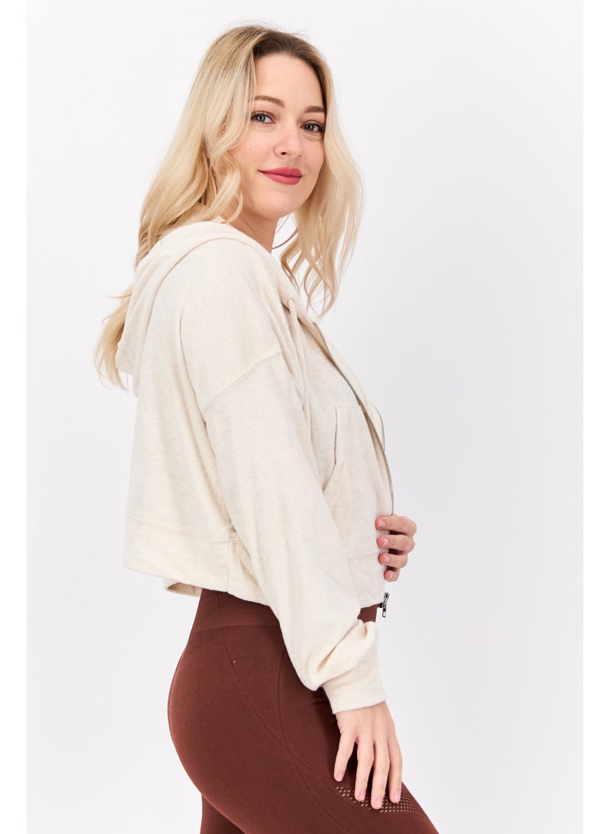 NIA Women Hood Neck Textured Hoodie, Beige  - Image 2