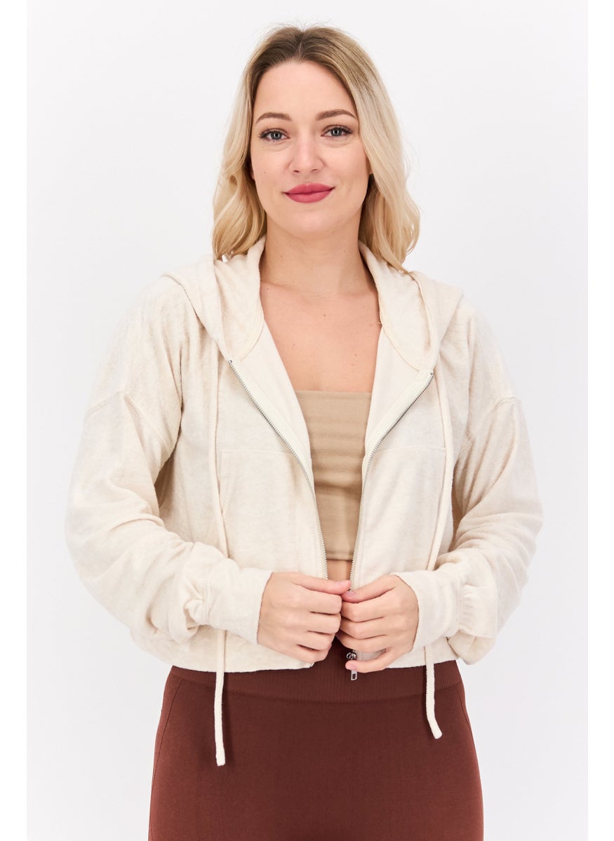 NIA Women Hood Neck Textured Hoodie, Beige  - Image 1