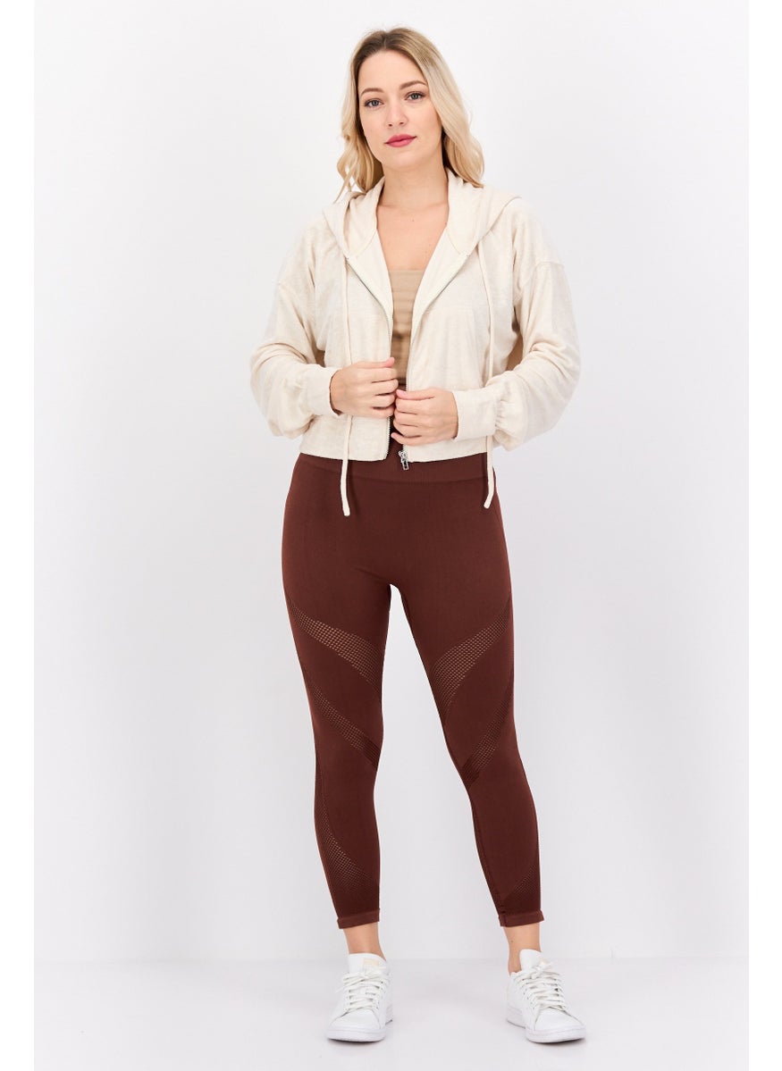 NIA Women Hood Neck Textured Hoodie, Beige  - Image 4