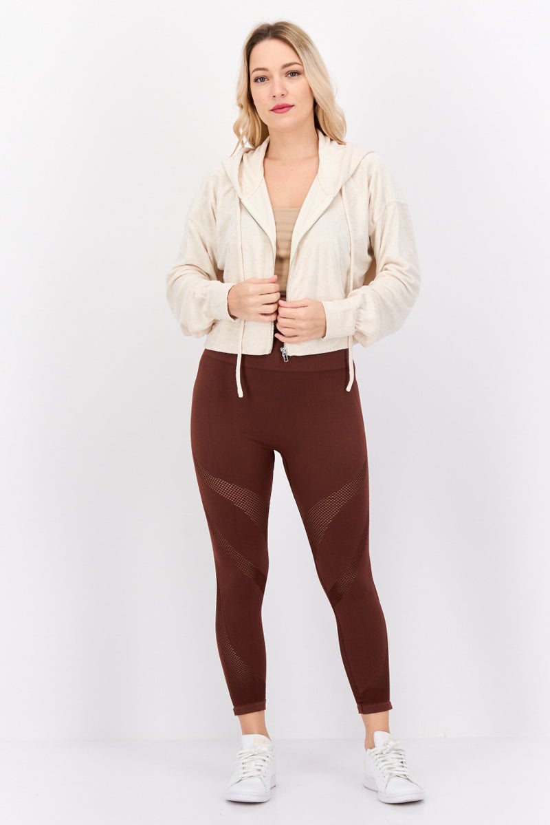 NIA Women Hood Neck Textured Hoodie, Beige - Image 4