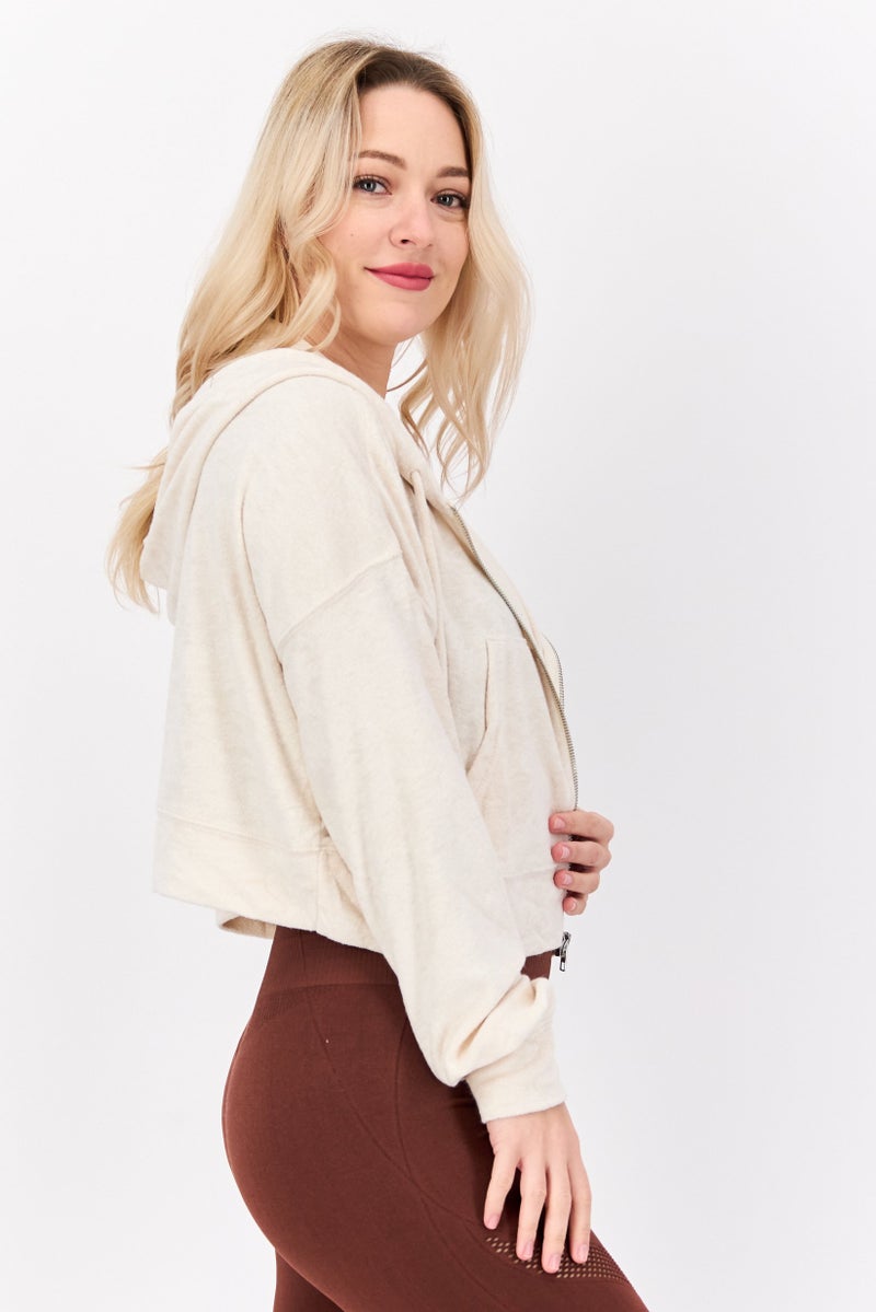 NIA Women Hood Neck Textured Hoodie, Beige - Image 2