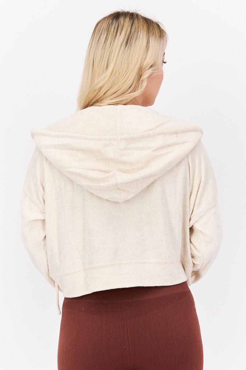 NIA Women Hood Neck Textured Hoodie, Beige - Image 3