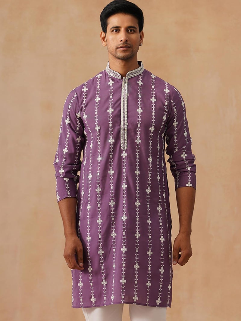 Jompers Classic Embroidered Kurta in Purple with Floral Pattern - Image 4
